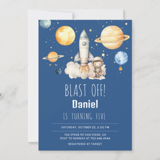 宇宙飛行士の宇宙ロケット任意の年齢の少年誕生日 招待状 (正面)