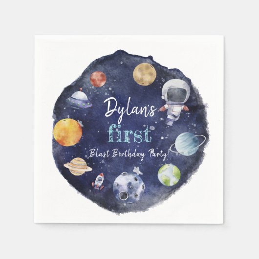 宇宙飛行士の宇宙少年1歳の誕生日パーティー スタンダードカクテルナプキン (正面)