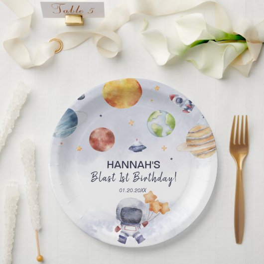 宇宙飛行士の宇宙少年1歳の誕生日パーティー ペーパープレート (ウェディング)