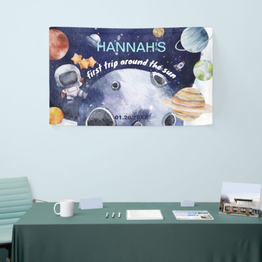 宇宙飛行士の宇宙少年1歳の誕生日パーティー 横断幕 (トレードショー)