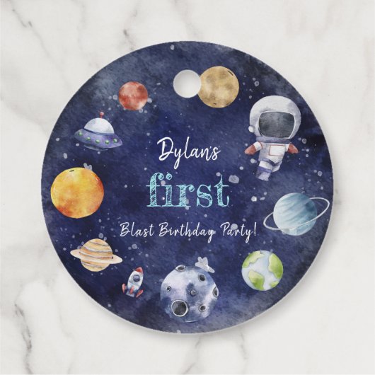 宇宙飛行士の宇宙少年1歳の誕生日メッセージカード フェイバータグ (裏面)