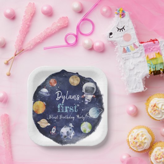 宇宙飛行士の宇宙少年1歳の誕生日メッセージカード ペーパープレート (パーティー)