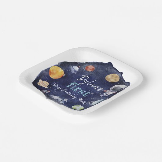 宇宙飛行士の宇宙少年1歳の誕生日メッセージカード ペーパープレート (傾斜あり)