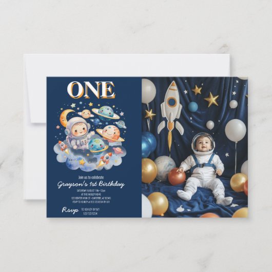 宇宙飛行士の宇宙惑星ボーイ1歳の誕生日 招待状 (正面)
