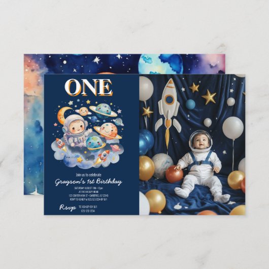宇宙飛行士の宇宙惑星ボーイ1歳の誕生日 招待状 (正面/裏面)