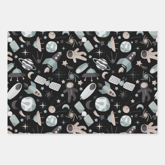 宇宙飛行士の宇宙探査機の青クールいパターン ラッピングペーパーシート (正面2)