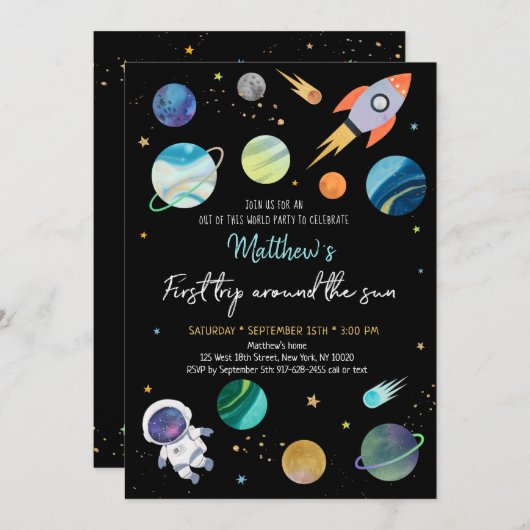 宇宙飛行士の宇宙最初の誕生日 招待状 (正面/裏面)