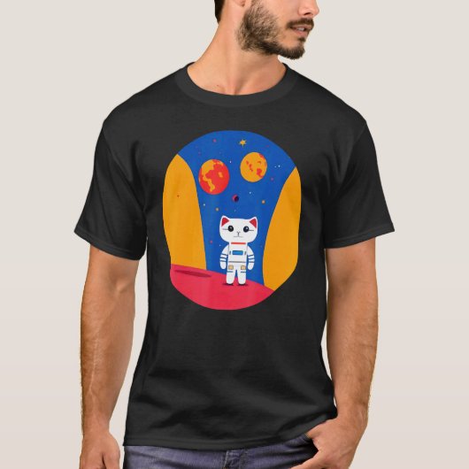 宇宙飛行士の宇宙猫が惑星を探索 科学 Tシャツ (正面)