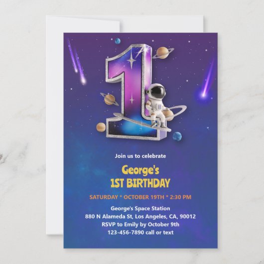 宇宙飛行士の宇宙空間をテーマにした少年1歳の誕生日 招待状 (正面)