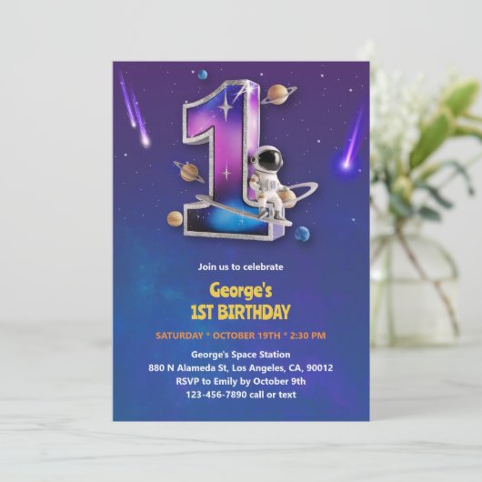 宇宙飛行士の宇宙空間をテーマにした少年1歳の誕生日 招待状 (スタンド正面)