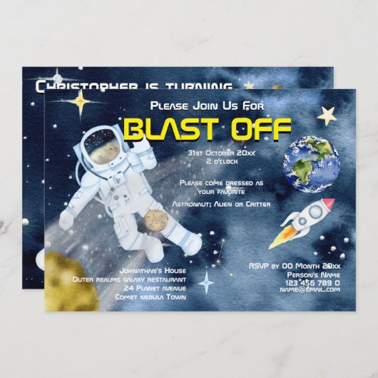 宇宙飛行士の宇宙船UFO惑星子供の大人パーティー 招待状 (正面/裏面)