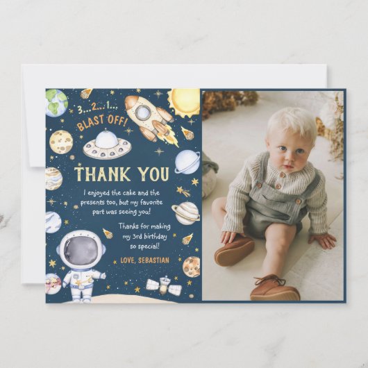 宇宙飛行士の宇宙誕生パーティーの写真 サンキューカード (正面)