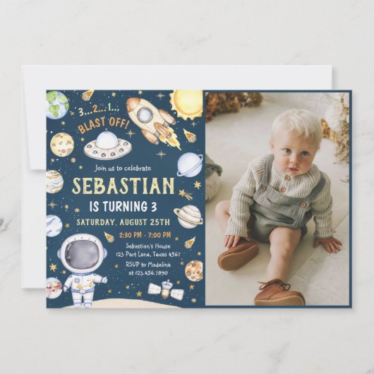 宇宙飛行士の宇宙誕生パーティーの写真 招待状 (正面)