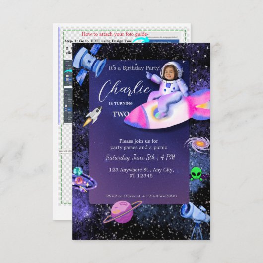 宇宙飛行士の宇宙誕生日写真 招待状 (正面/裏面)