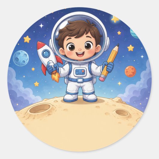 宇宙飛行士の少年が冒険の準備完了 ノート ラウンドシール (正面)