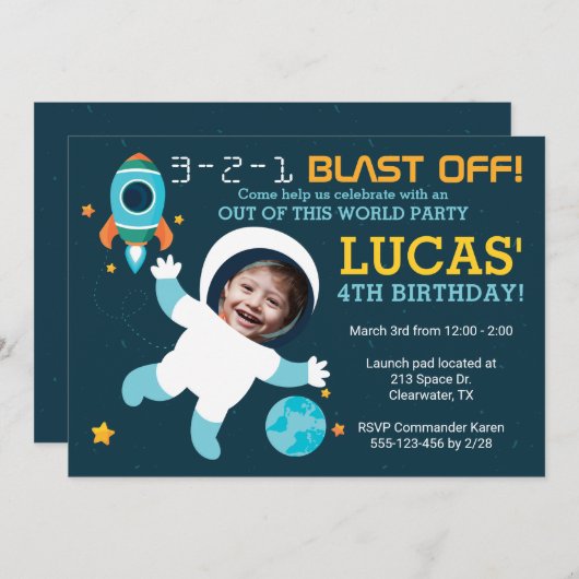 宇宙飛行士の少年宇宙誕生日パーティーの招待 招待状 (正面/裏面)