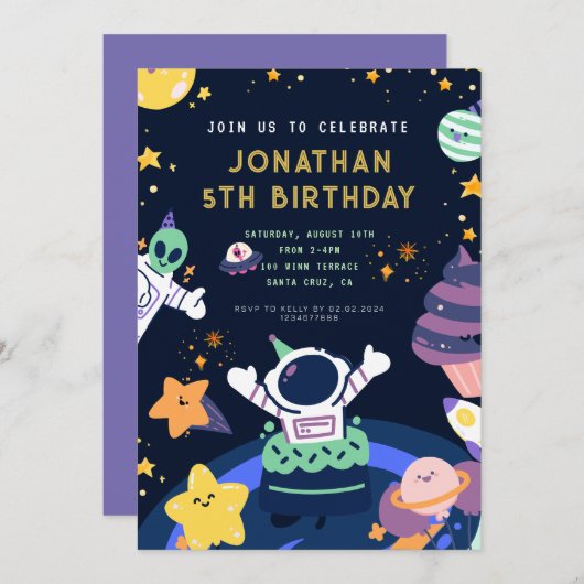 宇宙飛行士の惑星宇宙ボーイ誕生日 招待状 (正面/裏面)