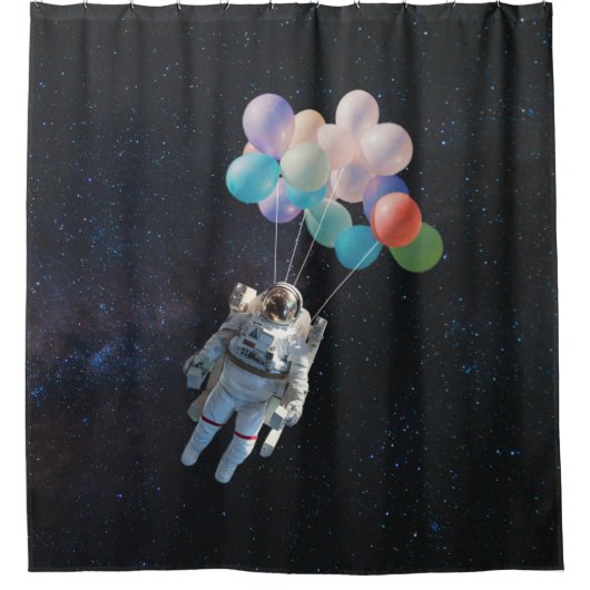 宇宙飛行士の星と宇宙のカラフル風船 シャワーカーテン (正面)