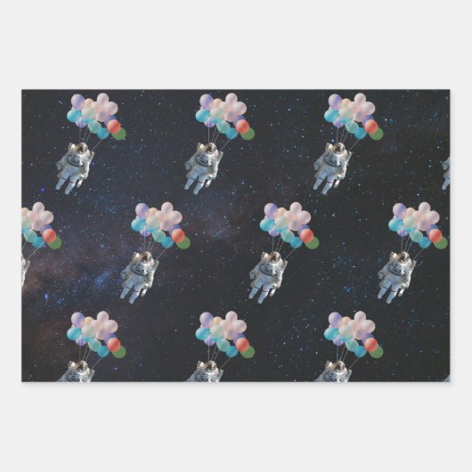 宇宙飛行士の星と宇宙のカラフル風船 ラッピングペーパーシート (正面2)