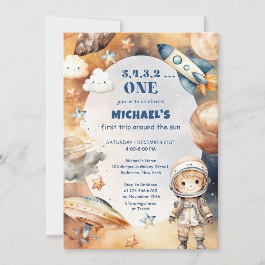 宇宙飛行士の最初の太陽一周誕生日 招待状 (正面)