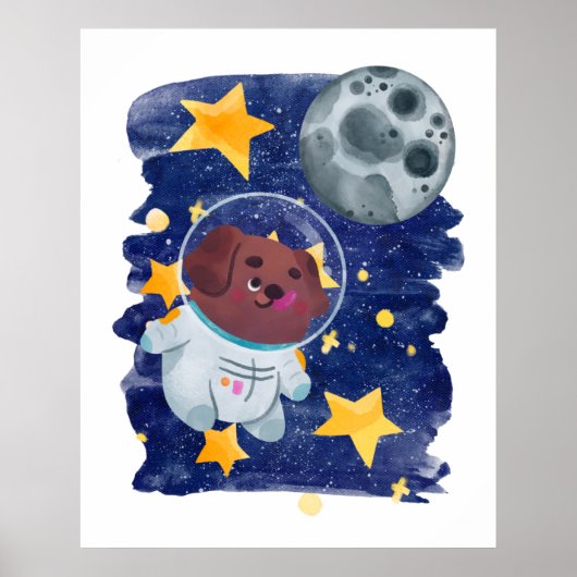 宇宙飛行士の犬 水彩 宇宙 星 惑星 子ども部屋 ポスター (正面)