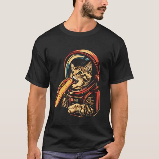 宇宙飛行士の猫がホットドッグを食べる面白い猫 Tシャツ (正面)