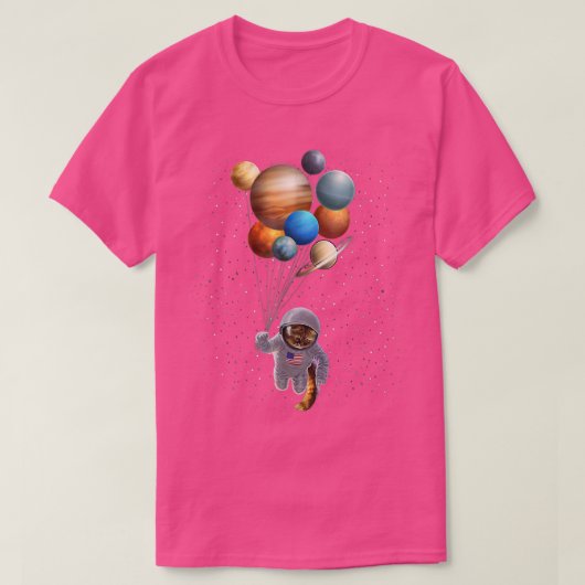 宇宙飛行士の猫が宇宙の気球を保持し、 Tシャツ (デザイン正面)