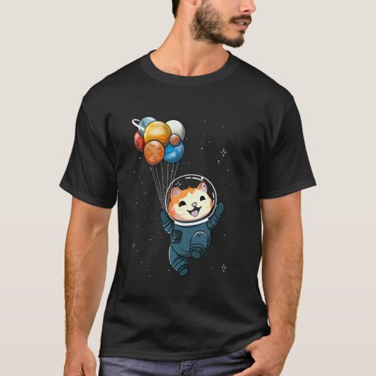 宇宙飛行士の猫が惑星の風船を持つ子供のための宇宙 Tシャツ (正面)