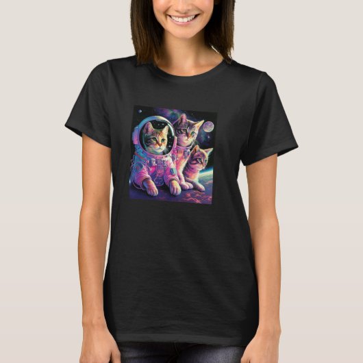 宇宙飛行士の猫が輝く宇宙惑星キティ銀河子猫 Tシャツ (正面)