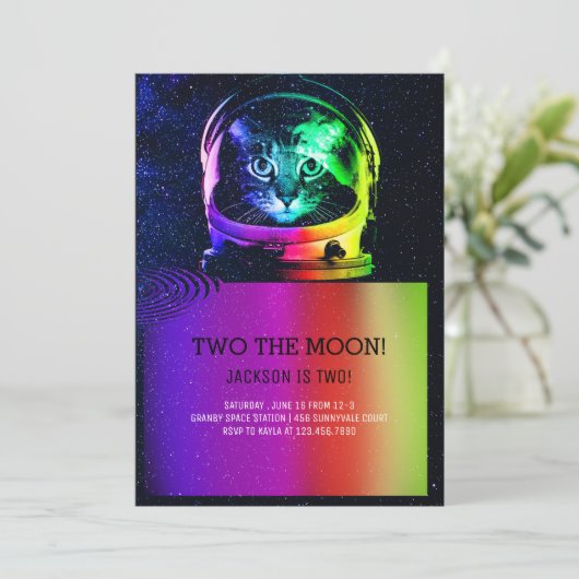 宇宙飛行士の猫のカラフル誕生日招待状 招待状 (スタンド正面)