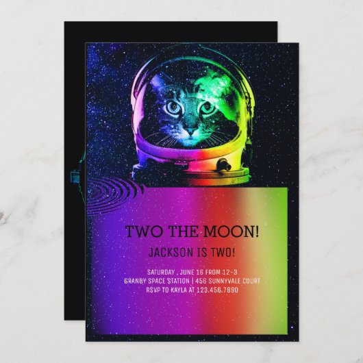 宇宙飛行士の猫のカラフル誕生日招待状 招待状 (正面/裏面)