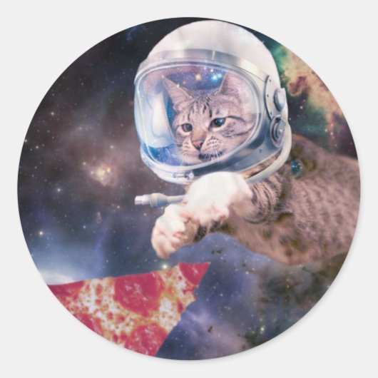 宇宙飛行士の猫の狩りピザのスライス ラウンドシール (正面)