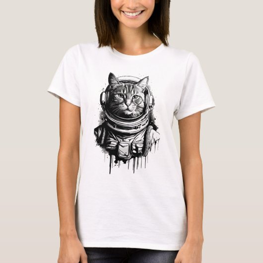 宇宙飛行士の猫インクアート Tシャツ (正面)