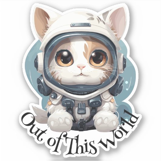 宇宙飛行士の猫ステッカー – 「Out of This World」 シール (正面)