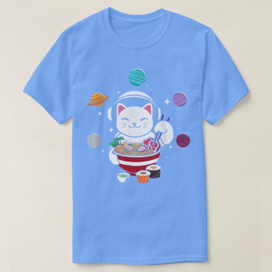 宇宙飛行士の猫ラーメン入り宇宙アニメ猫 Tシャツ (デザイン正面)