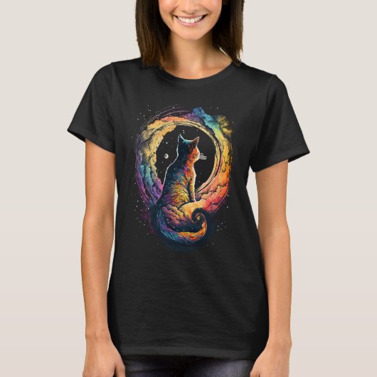 宇宙飛行士の猫宇宙想像図カラフル形 Tシャツ (正面)