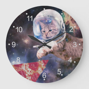 宇宙飛行士の猫狩りピザスライス ラージ壁時計