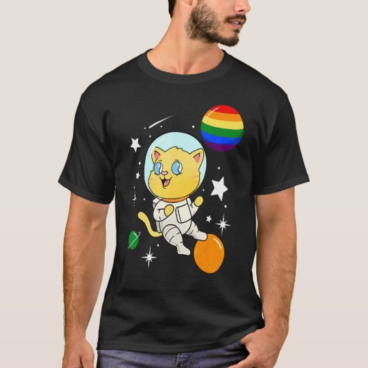 宇宙飛行士の猫 ゲイ プライド LGBT フラッグ 猫 Tシャツ (正面)
