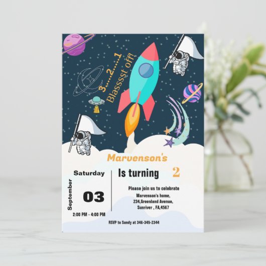 宇宙飛行士の男の子の誕生日 招待状 (スタンド正面)