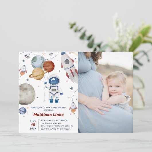 宇宙飛行士の男の子の赤ちゃんのシャワー写真 招待状 (スタンド正面)