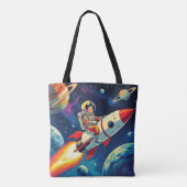 宇宙飛行士の誕生日に宇宙を飛ぶかわいいロケット トートバッグ (裏面)
