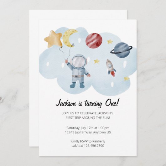 宇宙飛行士の誕生日パーティーへの招待 招待状 (正面/裏面)