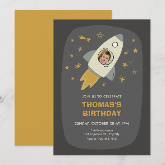 宇宙飛行士の誕生日写真 招待状 (正面/裏面)