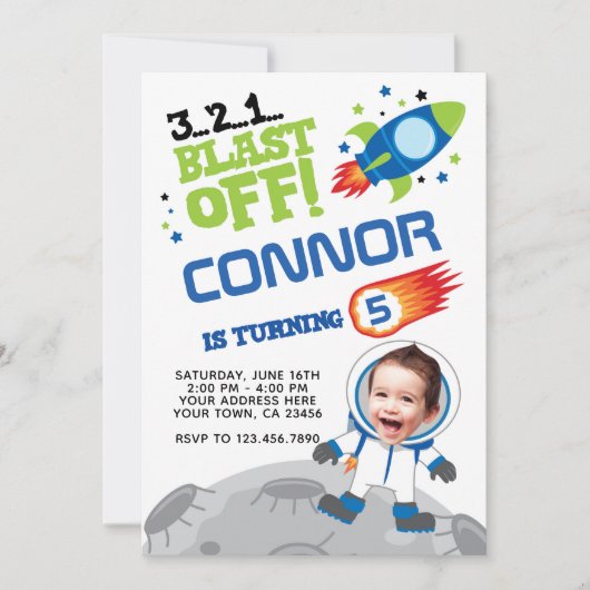 宇宙飛行士の誕生日招待状、あなたの写真と 招待状 (正面)