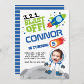 宇宙飛行士の誕生日招待状、あなたの写真と 招待状 (正面/裏面)