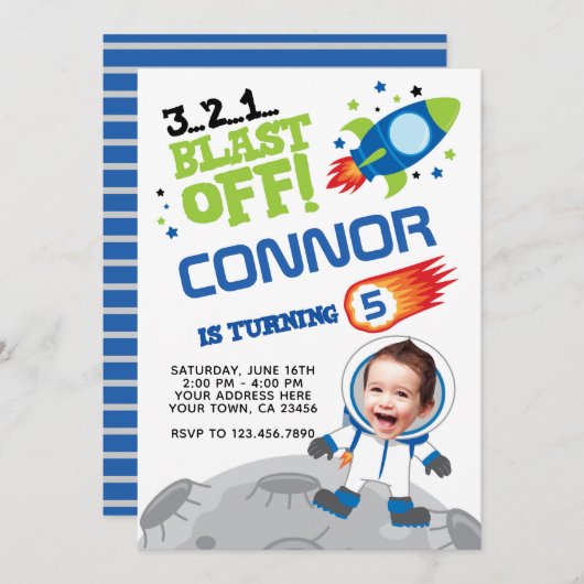 宇宙飛行士の誕生日招待状、あなたの写真と 招待状 (正面/裏面)