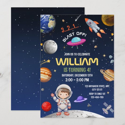 宇宙飛行士の誕生日　銀河系の宇宙空間で打ち上げ 招待状 (正面/裏面)