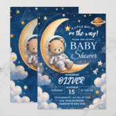 宇宙飛行士の赤ちゃんお披露目会の招待状 少年 宇宙のくま 招待状 (正面/裏面)
