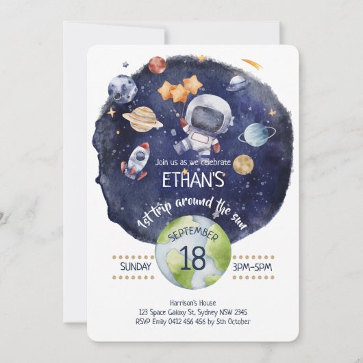 宇宙飛行士の銀河系パーソナライズされた第1の誕生日パーティー 招待状 (正面)