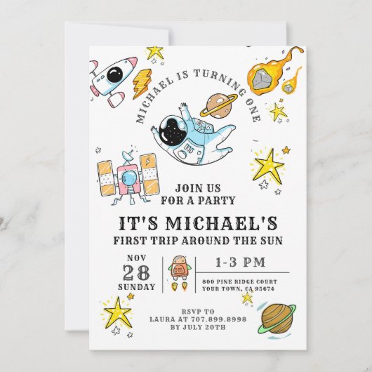 宇宙飛行士の1歳誕生日パーティー招待状 招待状 (正面)